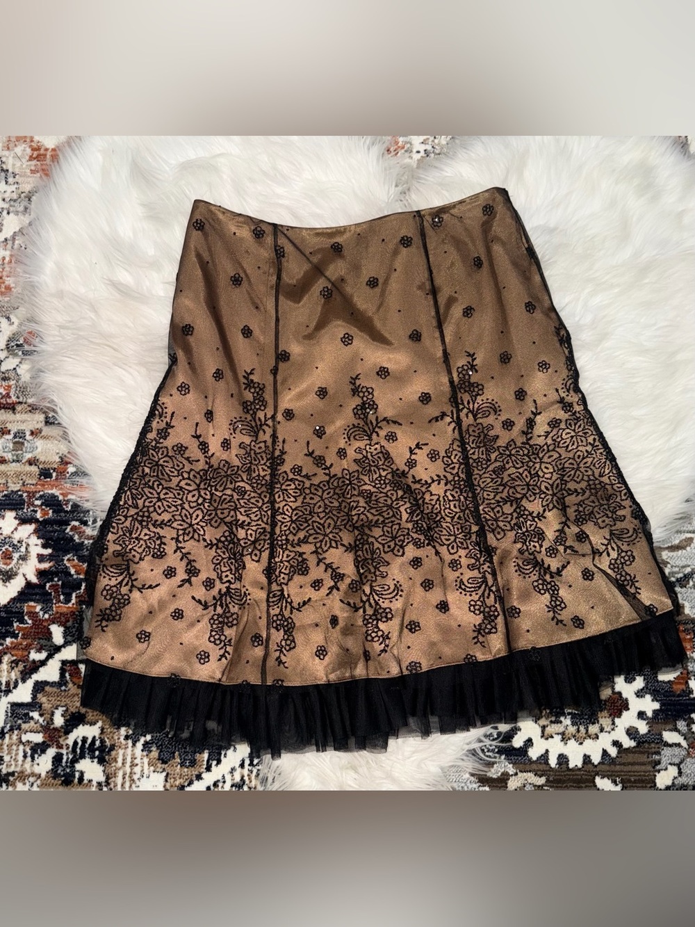 IAdrianna Papell Black & Gold Evening Skirt Beaded Mesh And Ruffle MSRP $80